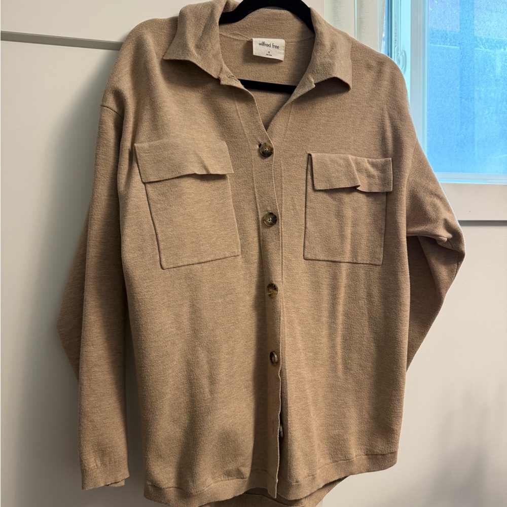 Wilfred Free Neutral Beige Knit Button-Up Shirt